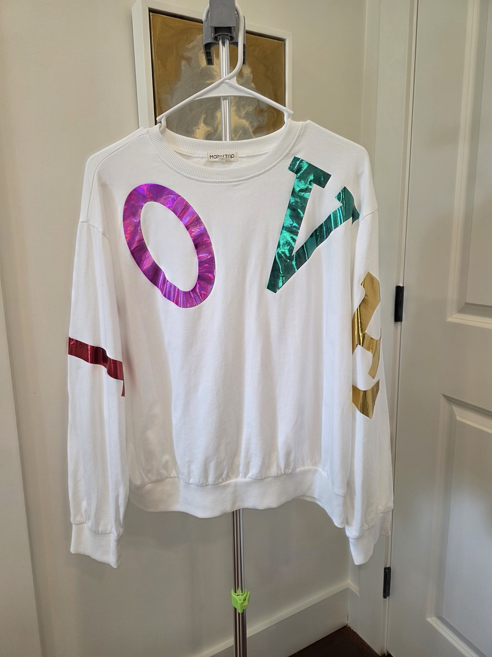 Main Strip White Sweatshirt with Multicolor Iridescent Letters